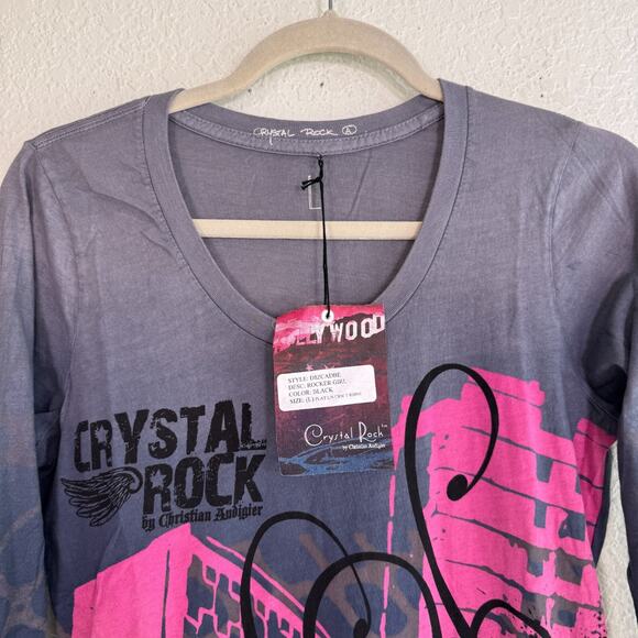 Christian Audigier Crystal Rock Y2K Shirt Women Large Rocker Girl Tee Tunic Top - Picture 6 of 13